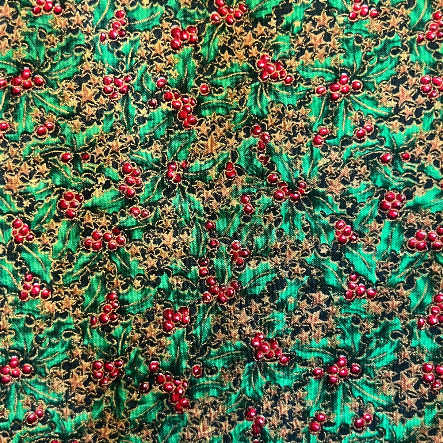 Golden Stars & Holly Berries Cotton: 2 yds
