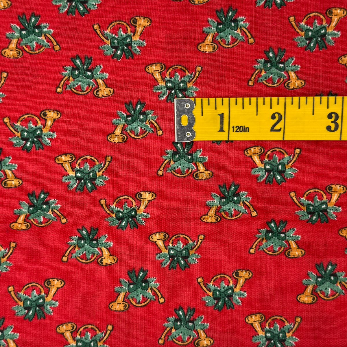 Red With French Horns & Holiday Greenery Cotton: 1 yd