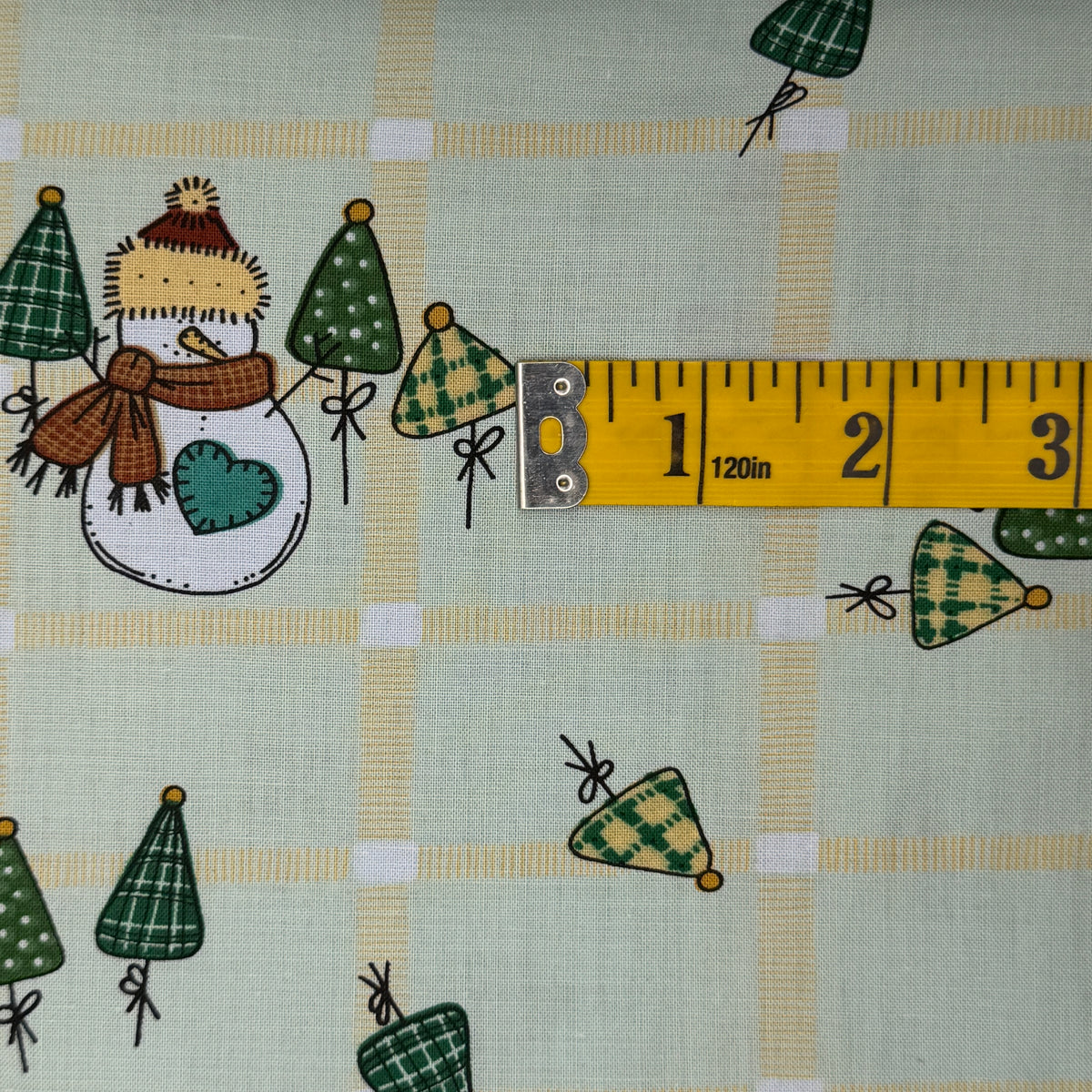 Snowman With Green & Yellow Plaid Lightweight Cotton Blend: 3 yds