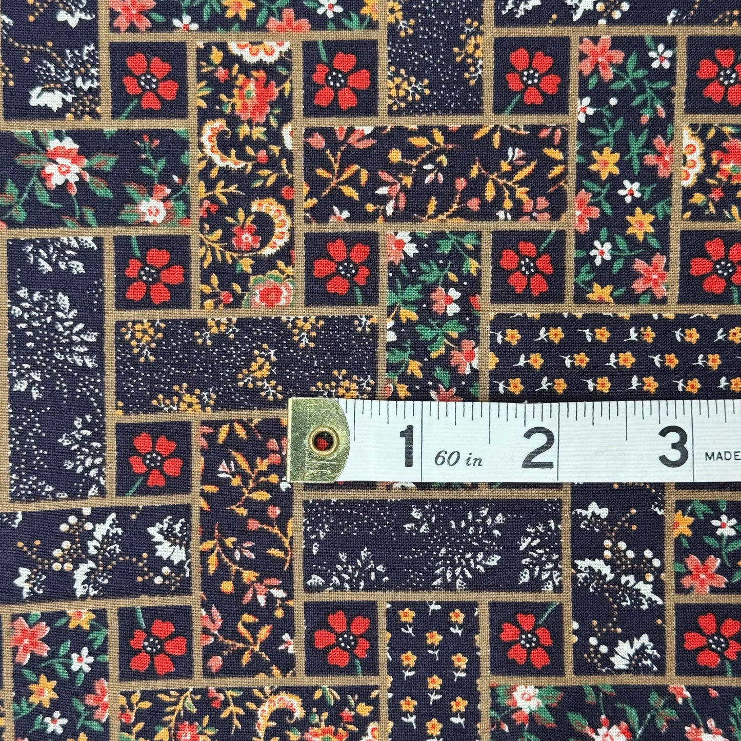 Multicolor Floral on Black Tiles Print Cotton: 2 yds