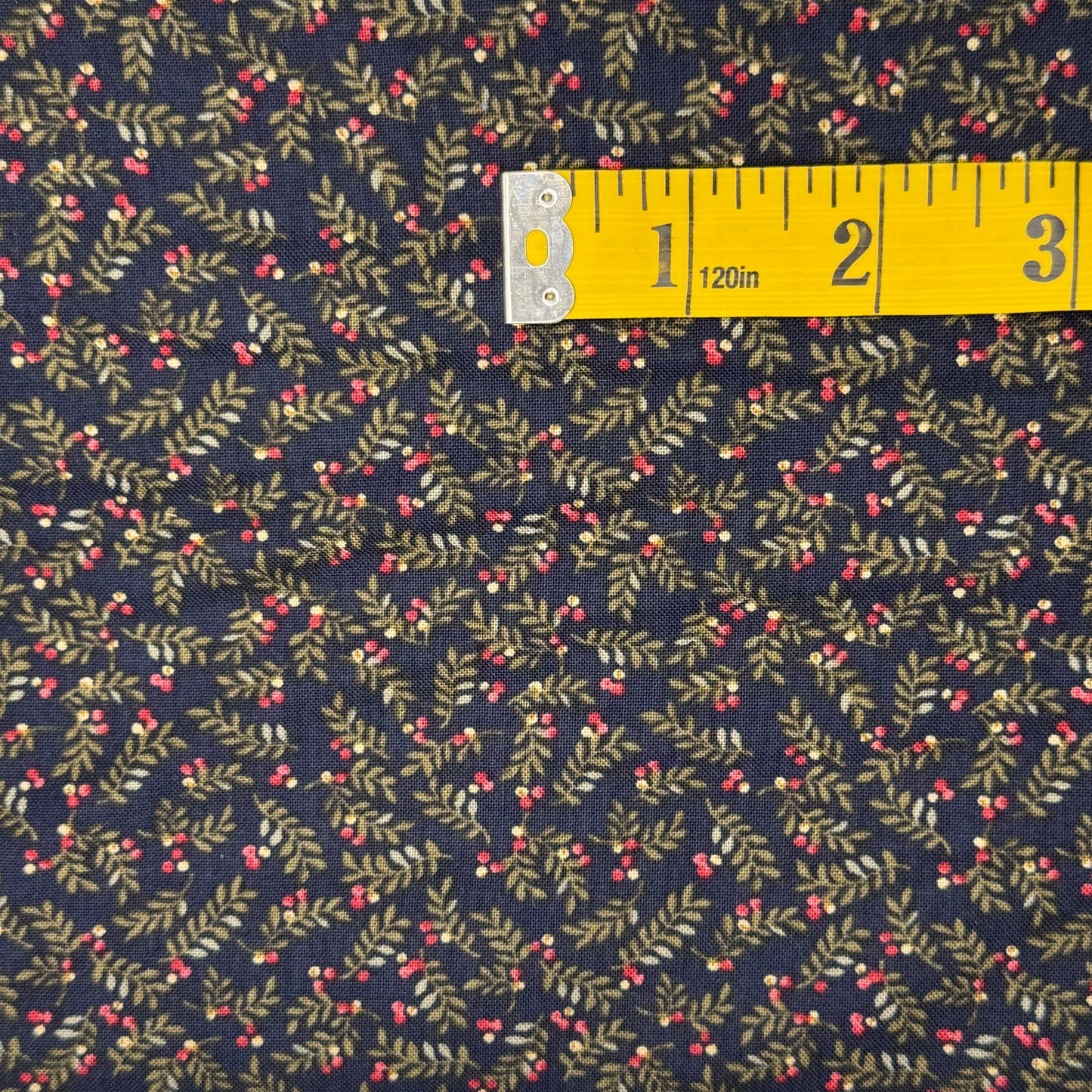 Navy With Green Leaves & Red Berries Cotton: 2 yds