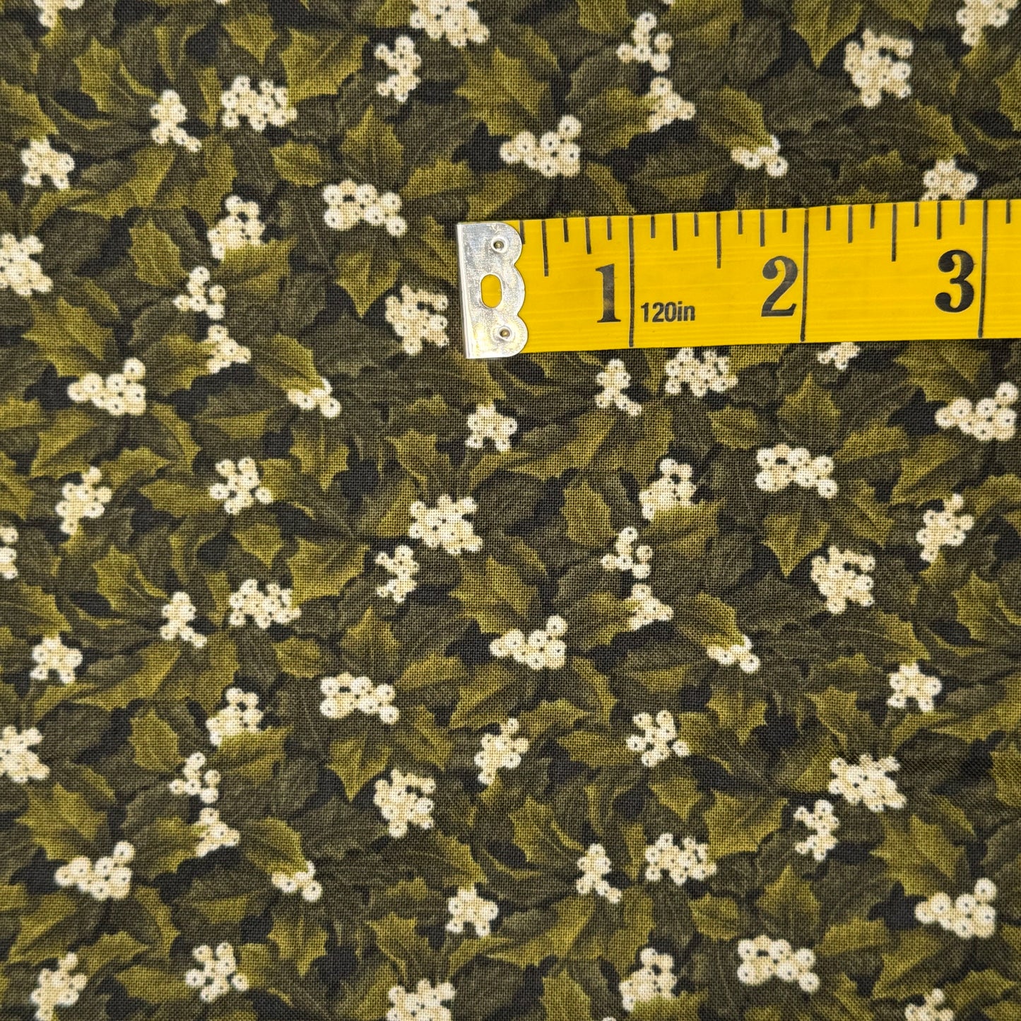 Green Leaves With White Berries Cotton: 2 yds