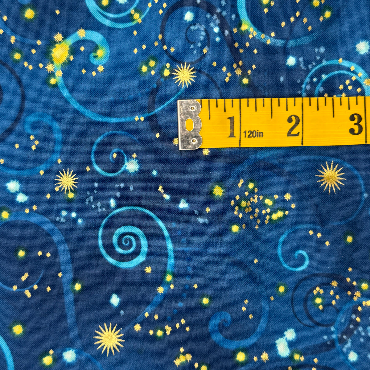 Light Blue With Swirls & Metallic Gold Stars Cotton: 2.5 yds