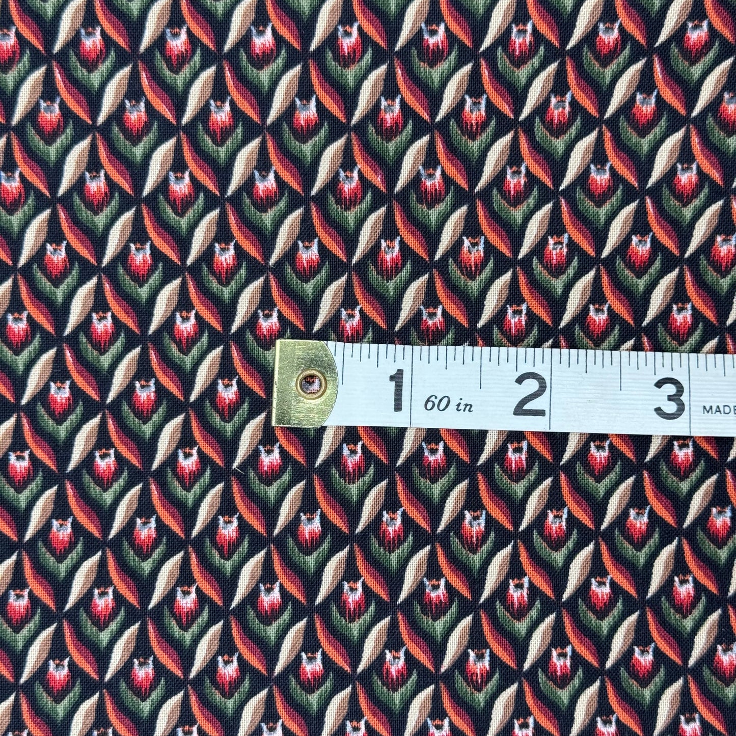 Red/Green/Tan on Black Tulip/Geometric Print Cotton: 2 yds