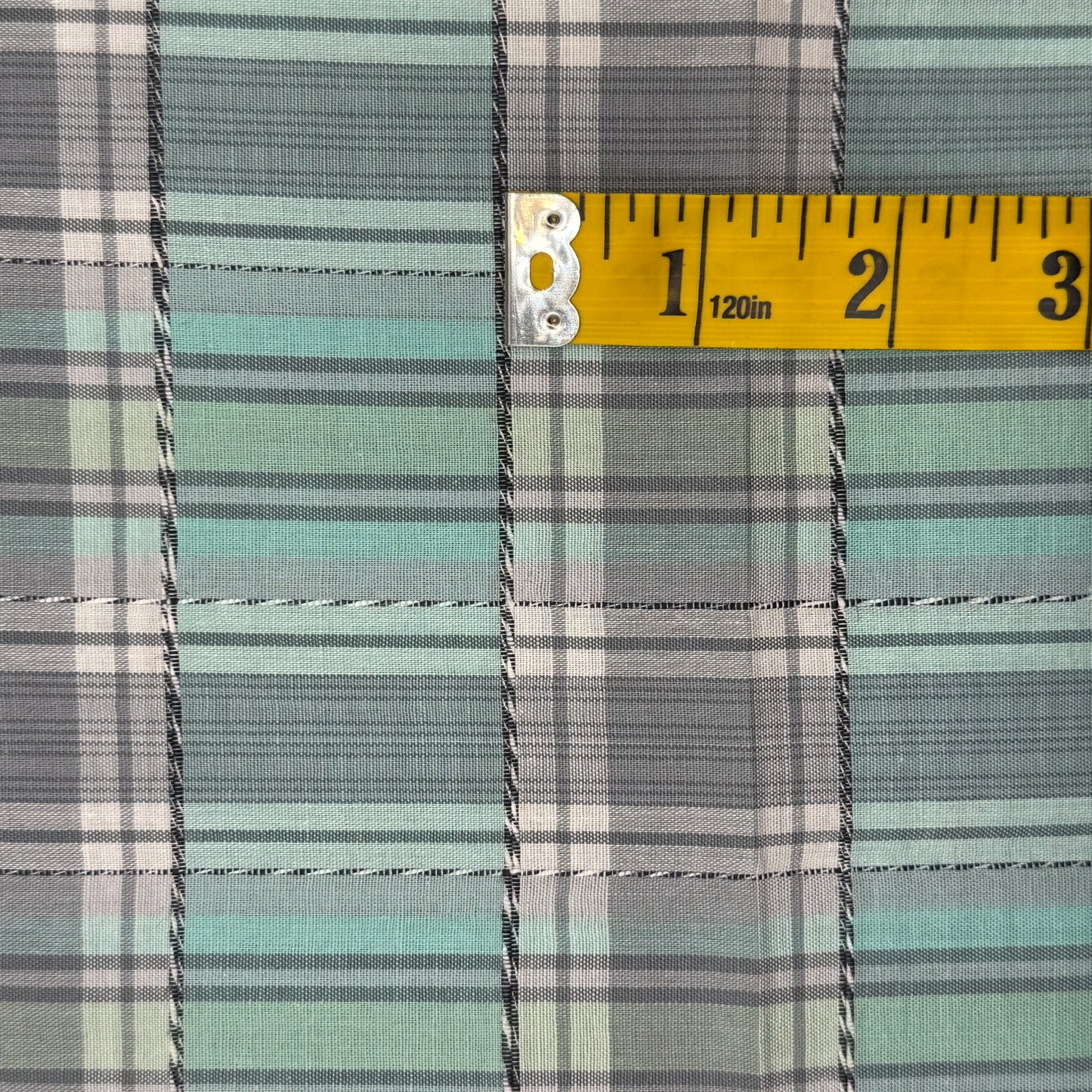 Green Gray Plaid With Embroidered Black & White Embellishment Cotton Blend Shirting: 4.5 yds