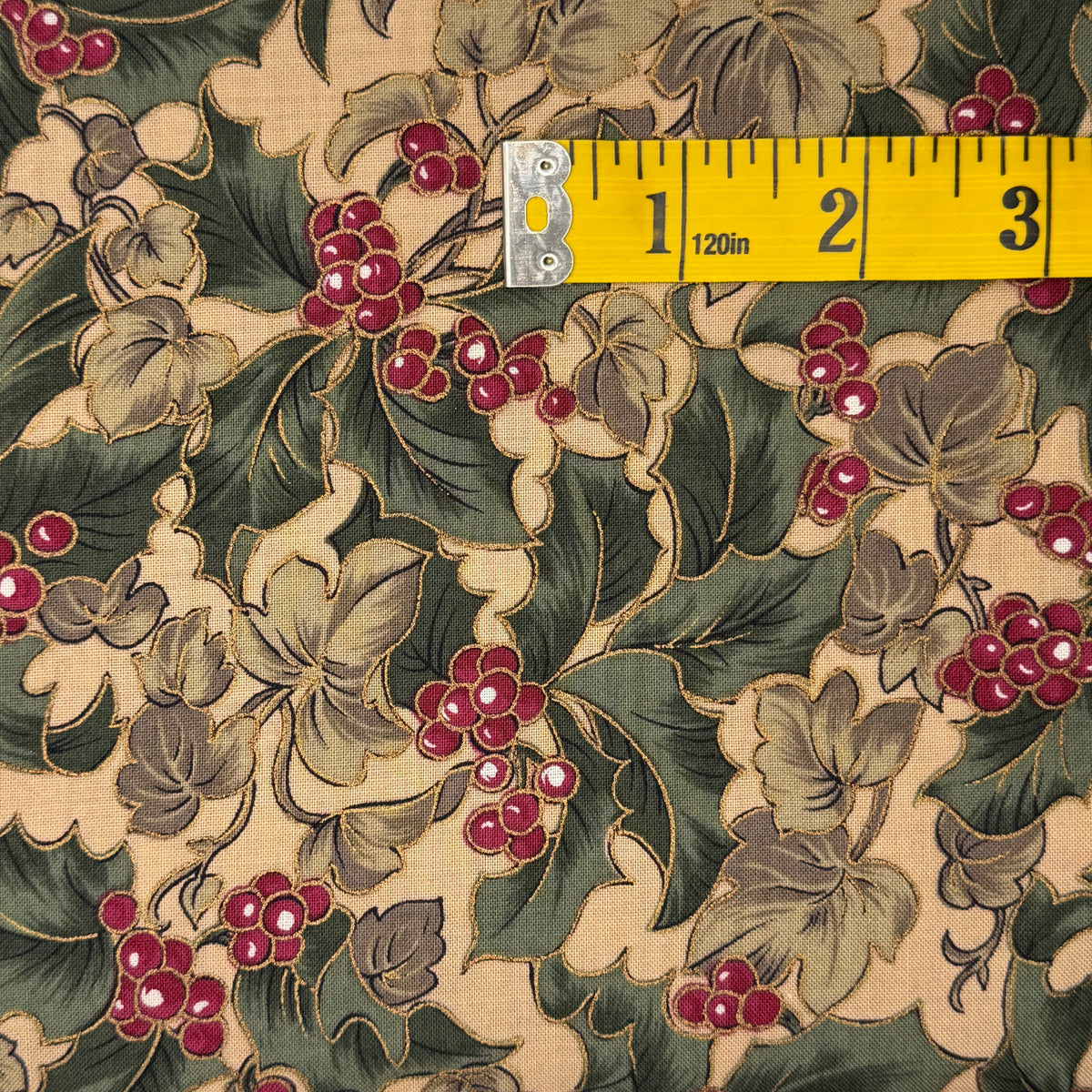 Gold Outlined Holly Berries Cotton: 2.25 yds