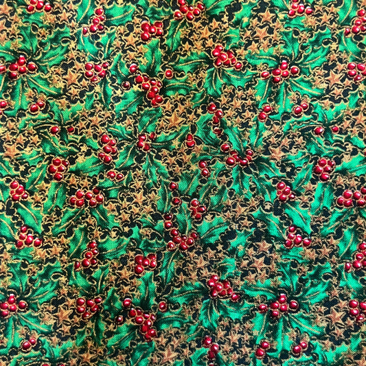 Golden Stars & Holly Berries Cotton: 2 yds