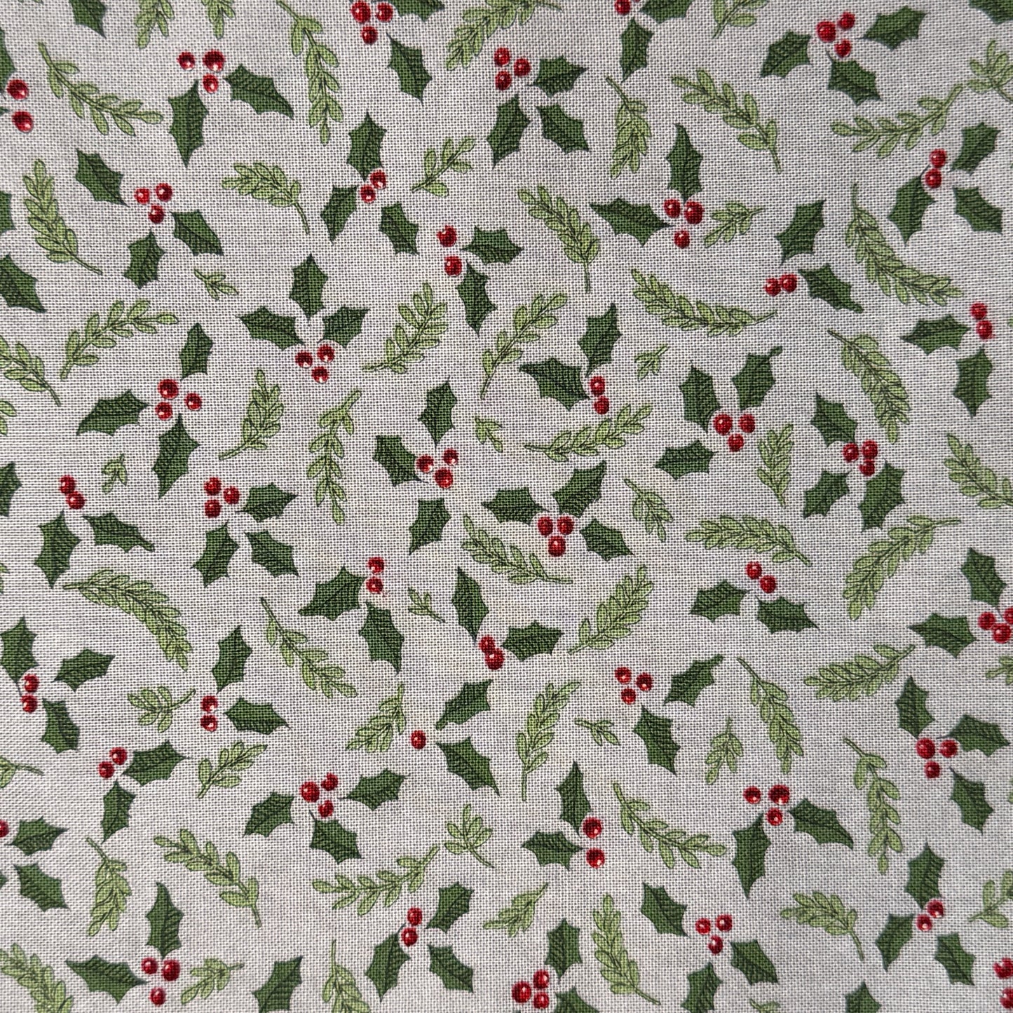 Gray With Holly Leaves & Berries Cotton: 1.75 yds