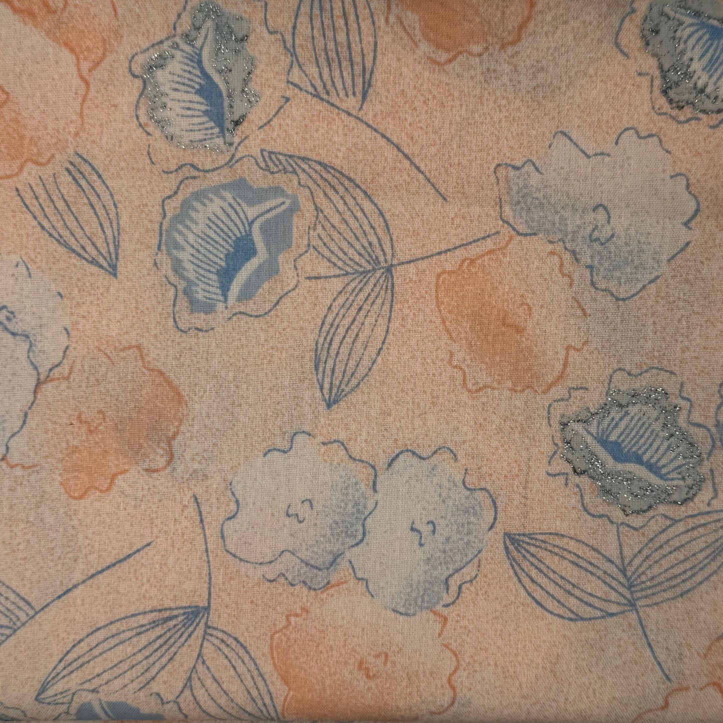 Peach & Blue Floral With Silver Metallic Accents Cotton Blend: 2 yds