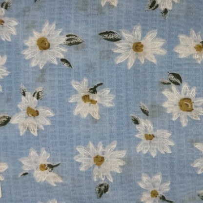 Light Blue With White Floral Seersucker Cotton Blend: 2.5 yds