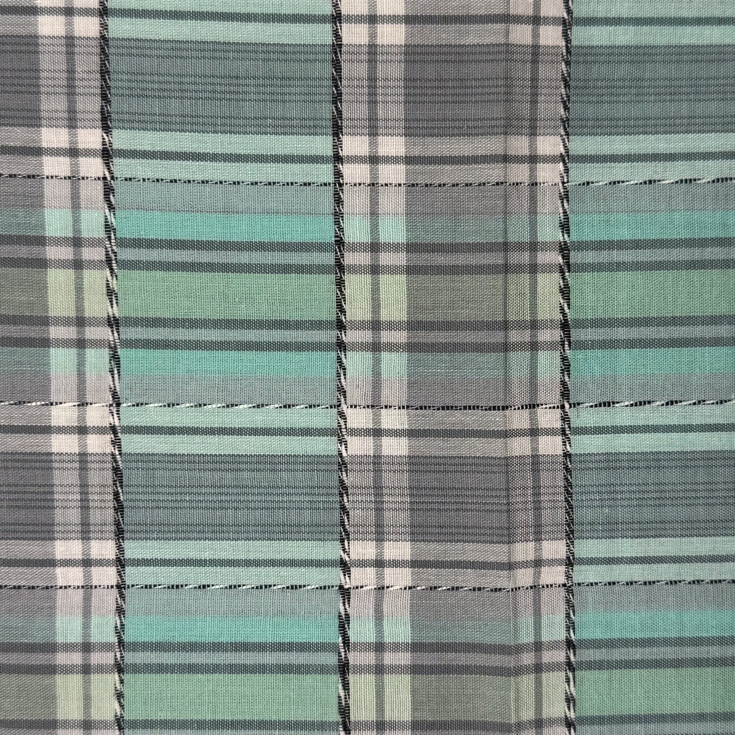 Green Gray Plaid With Embroidered Black & White Embellishment Cotton Blend Shirting: 4.5 yds