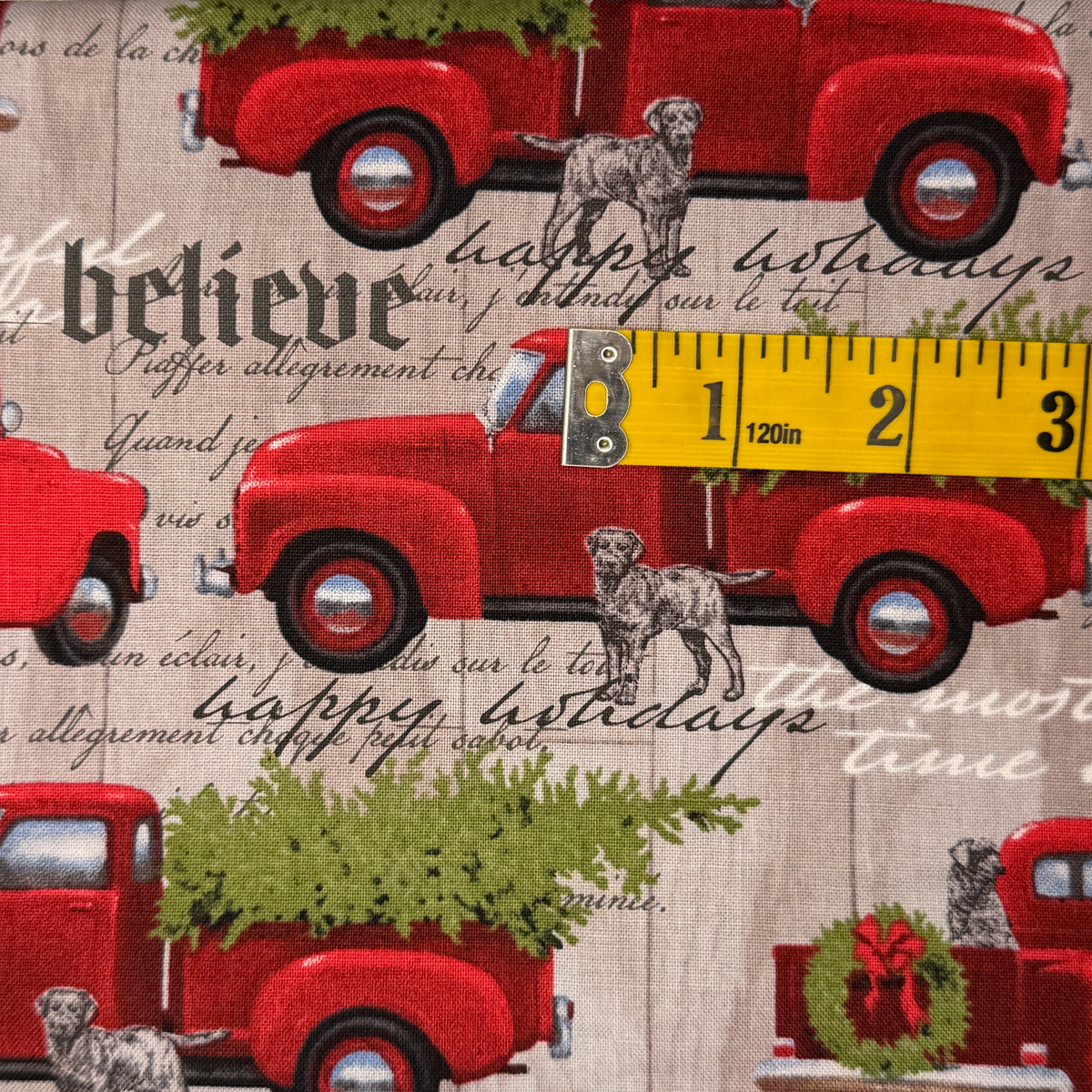 Red Holiday Pickup Truck Cotton Blend: 2.5 yds