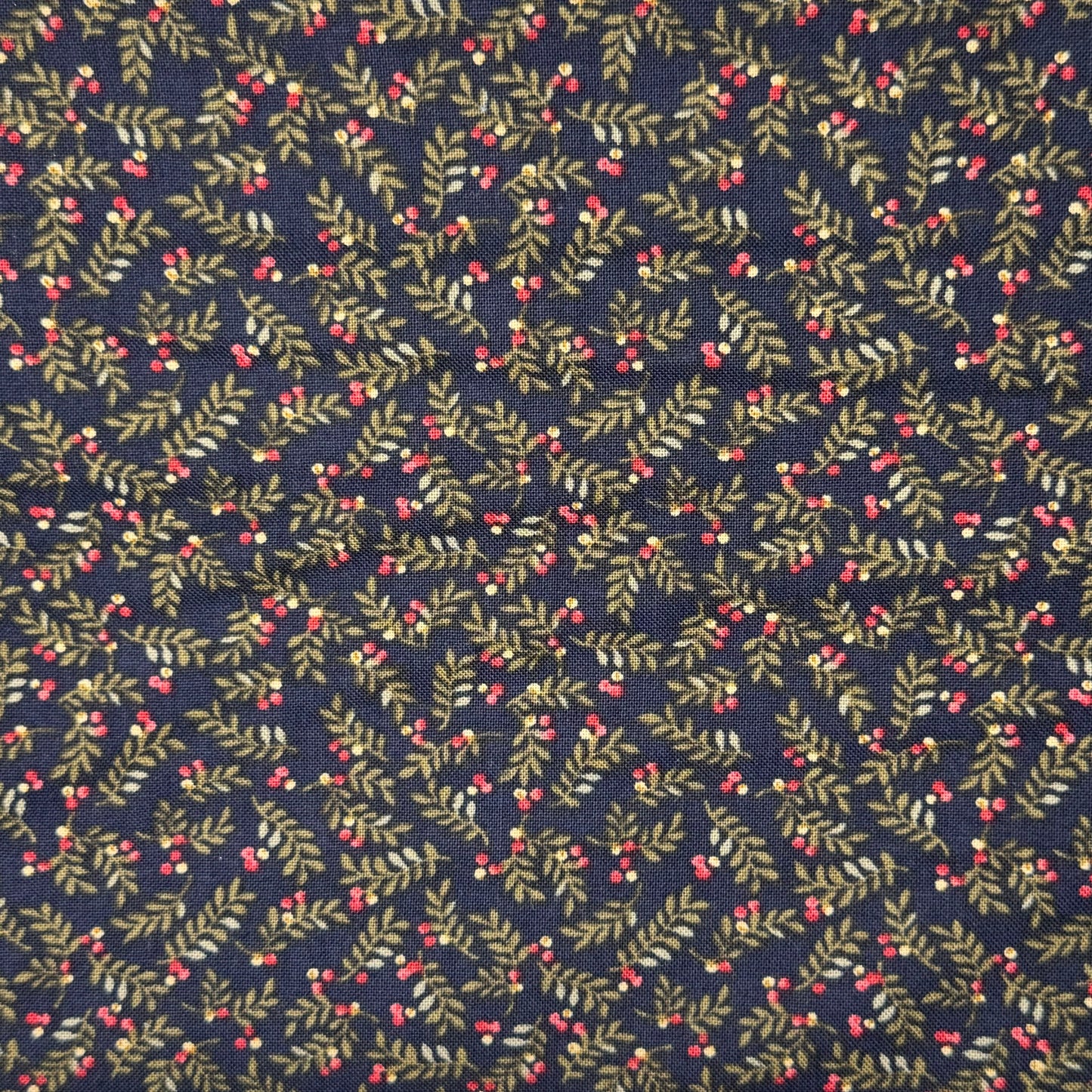 Navy With Green Leaves & Red Berries Cotton: 2 yds