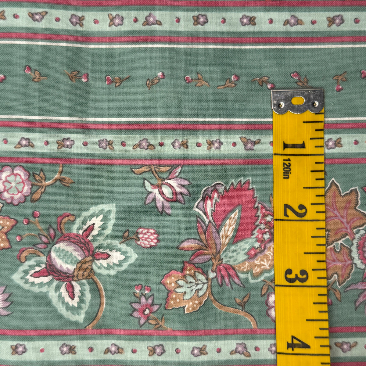 Light Green With Purple & Pink Fancy Floral Striped Cotton: 5 yds