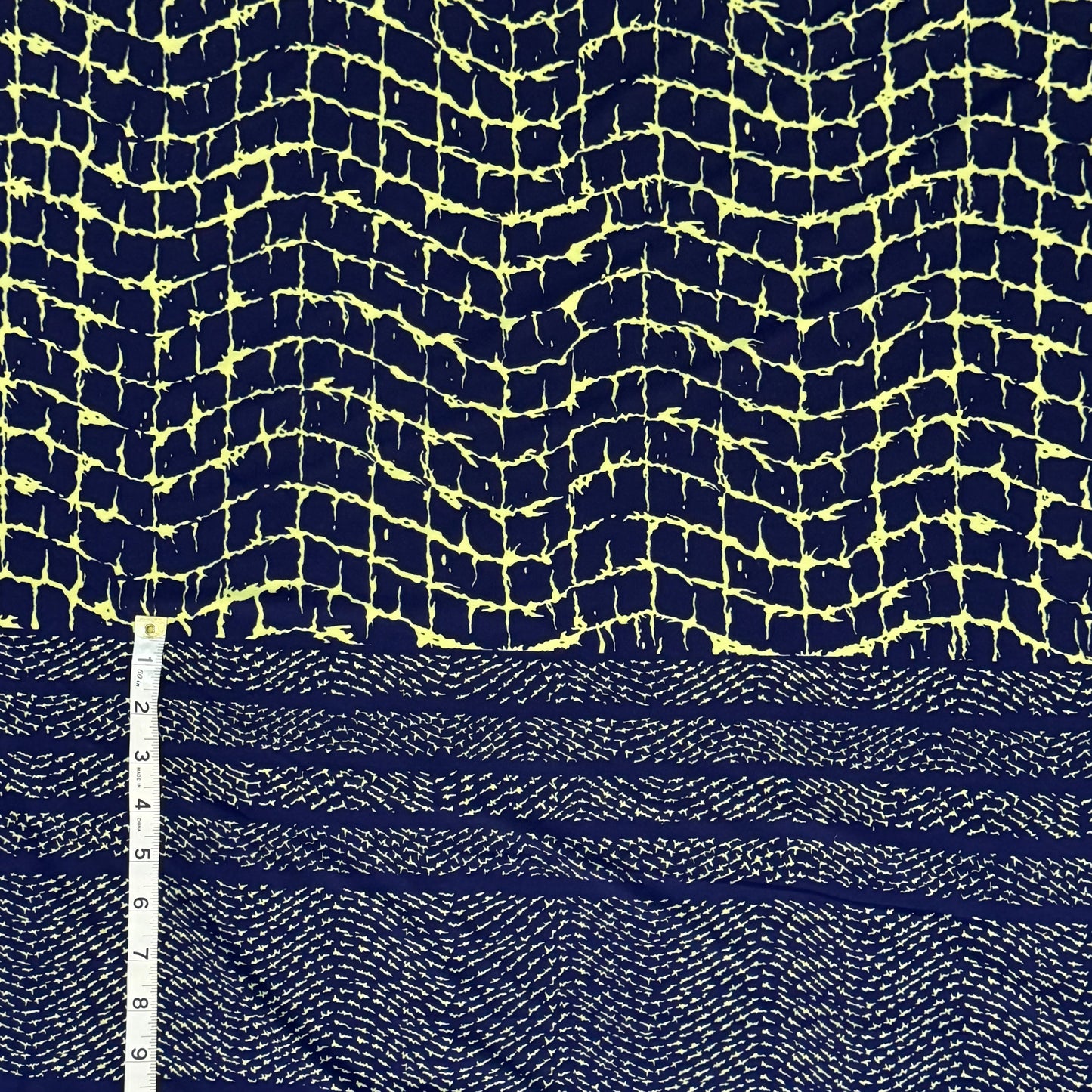 Navy Blue and Yellow Grungey Grid Border Print 4-Way Stretch Poly: 3 yds