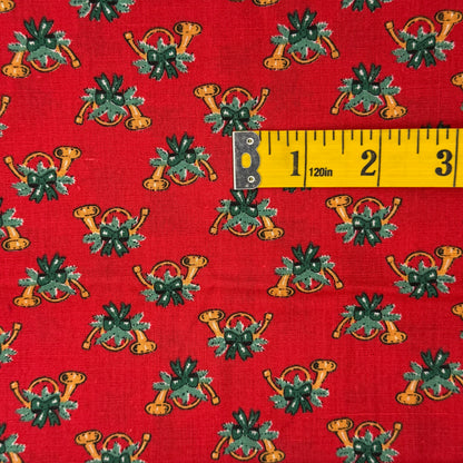 Red With French Horns & Holiday Greenery Cotton: 1 yd