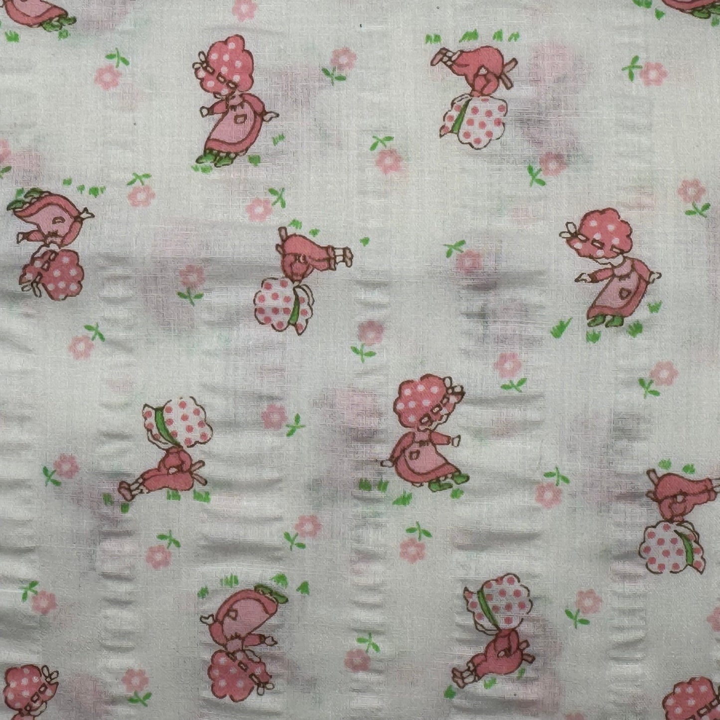 Pink/Green Bonnet Girl Novelty Print Seersucker Cotton: 4 yds