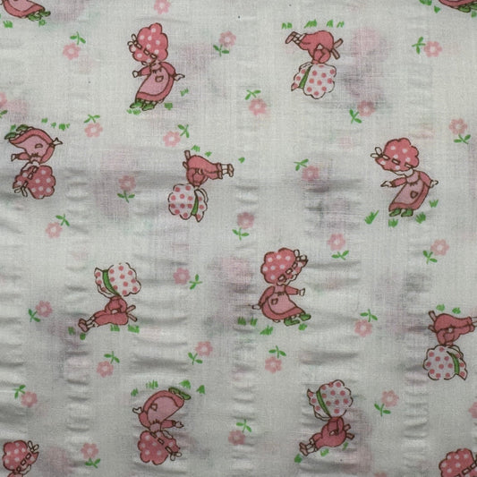 Pink/Green Bonnet Girl Novelty Print Seersucker Cotton: 4 yds