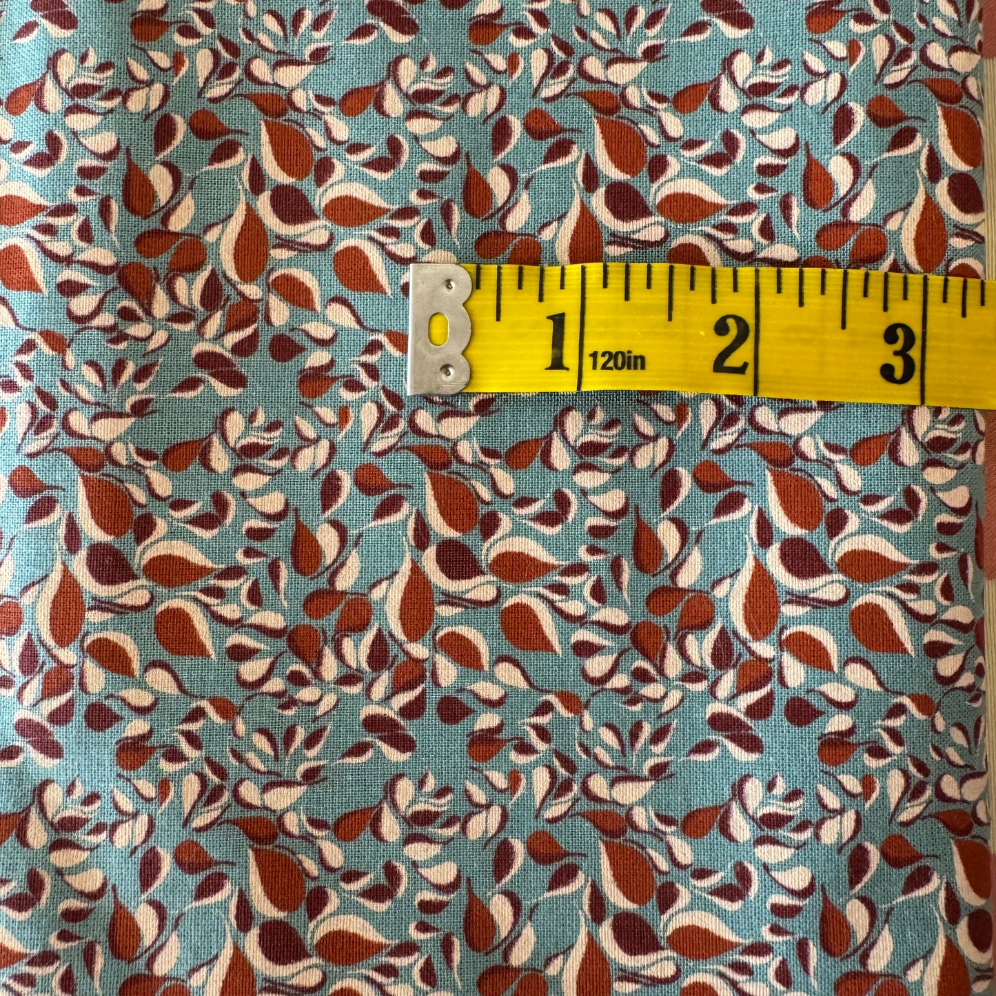 Light Blue with Rust Leaves Medium Weight Cotton: 2 yds