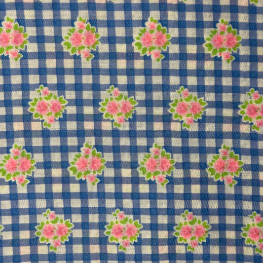 Pink Floral on Blue/White Gingham Print Cotton Blend: 2 yds