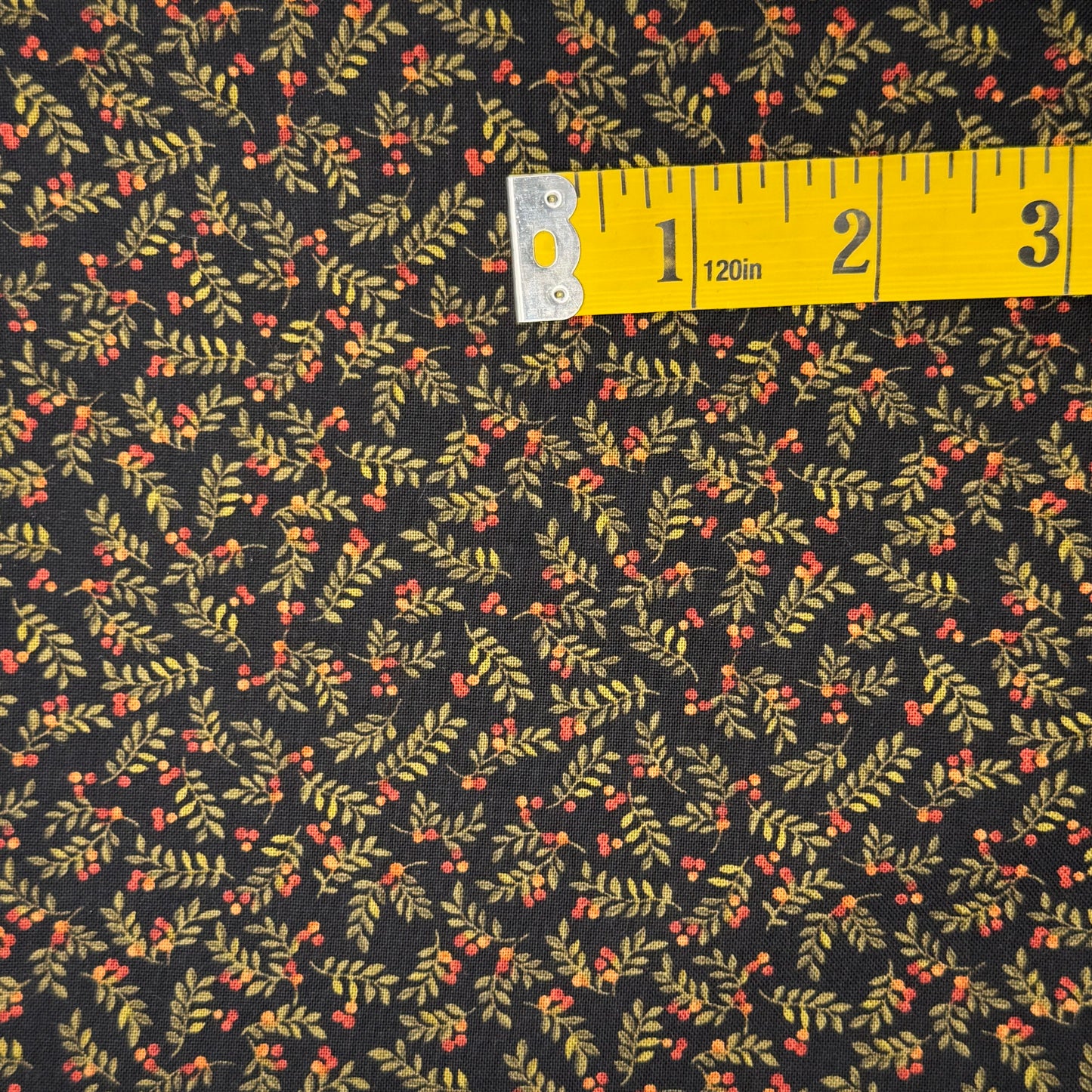 Black With Green Leaves & Red Berries Cotton: 2 yds