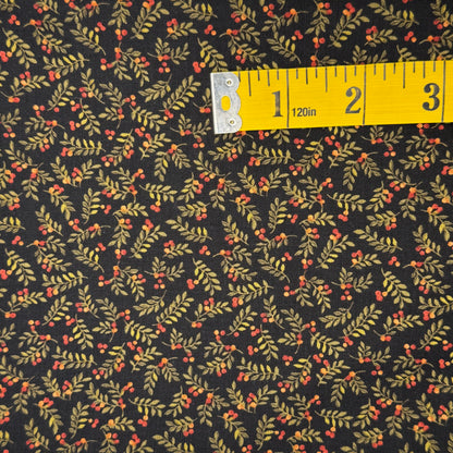 Black With Green Leaves & Red Berries Cotton: 2 yds