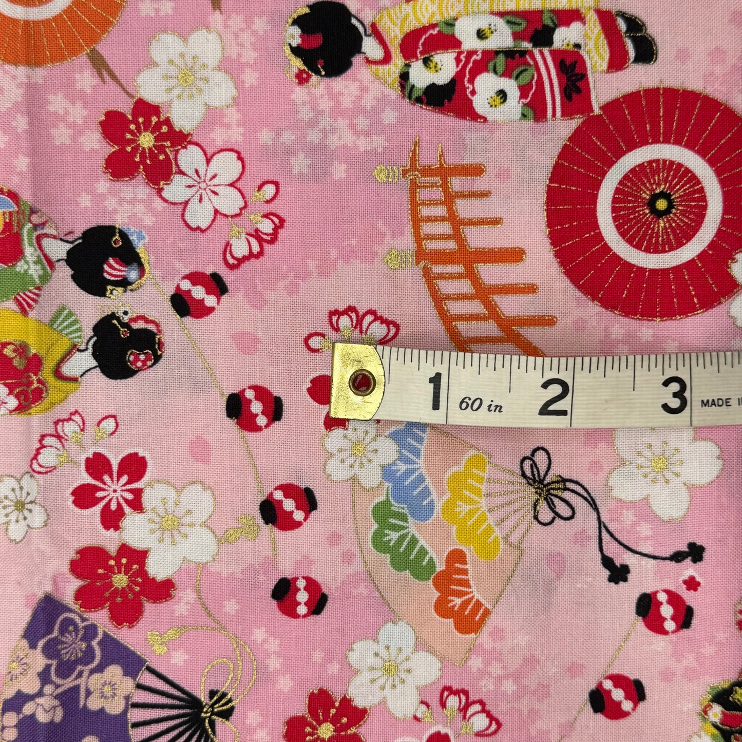 Multicolor on Pink with Gold Accents Asian Theme Print Cotton: 1 yd
