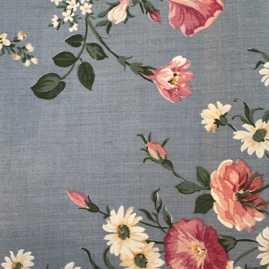 Blue, Pink & White Floral Cotton Blend: 2 yds