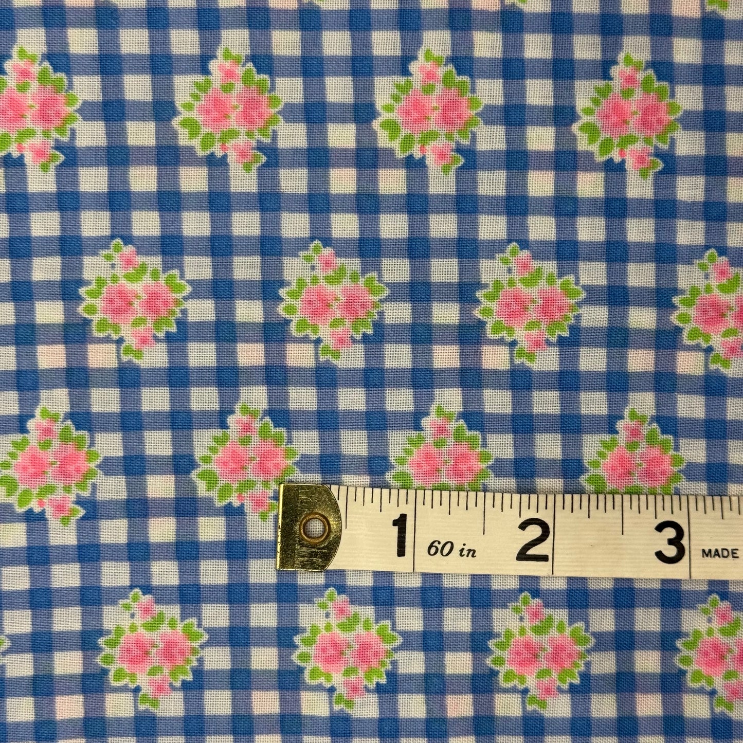 Pink Floral on Blue/White Gingham Print Cotton Blend: 2 yds