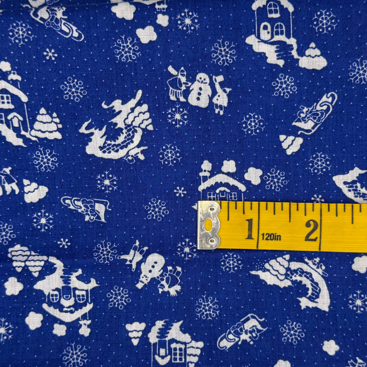 Blue With White Snowy Scene Cotton: 1 yd