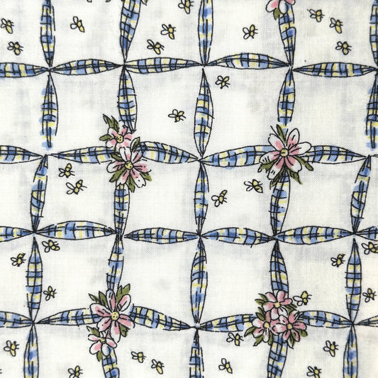 Multicolor Floral/Bee/Ribbon Grid Print Cotton: 1.25 yds