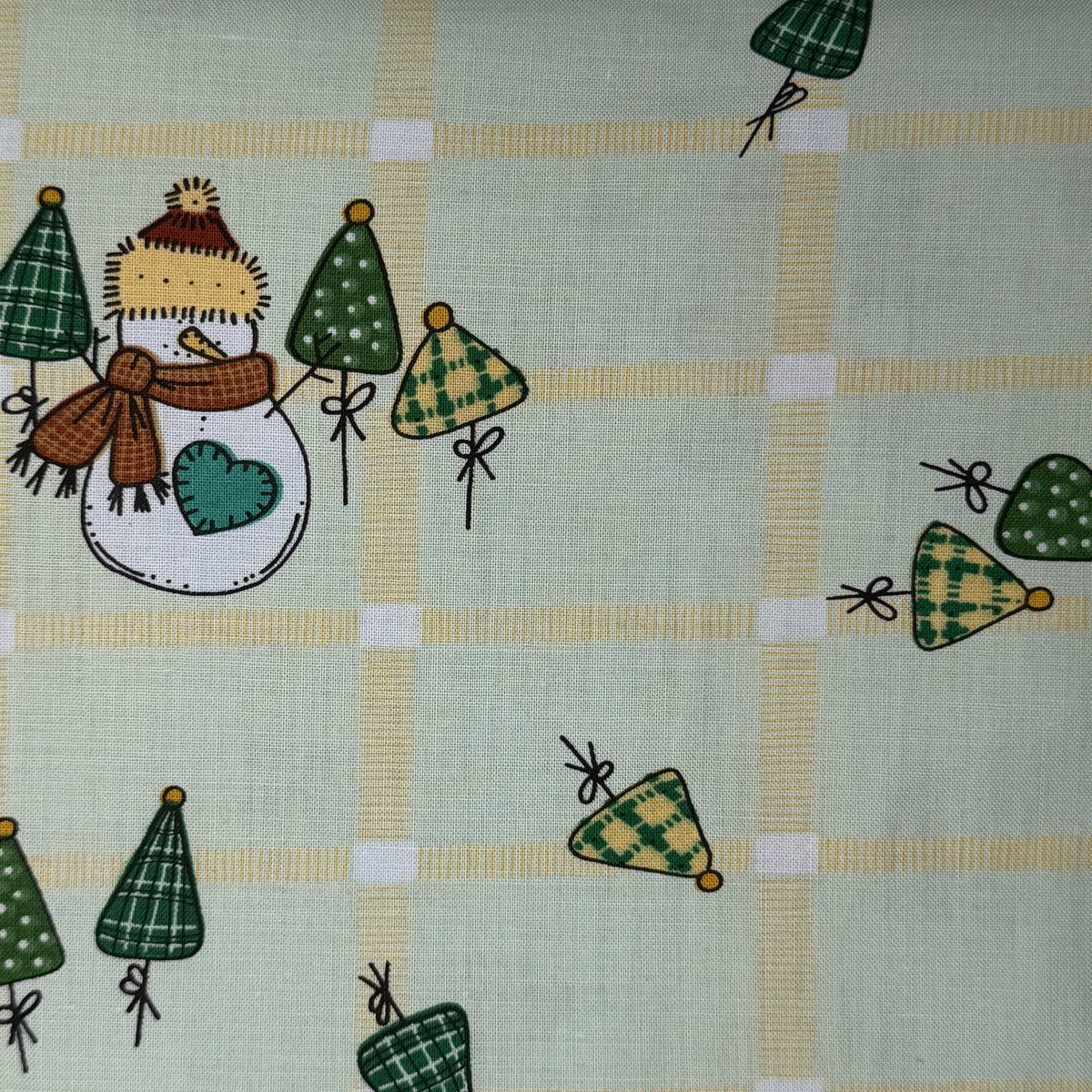 Snowman With Green & Yellow Plaid Lightweight Cotton Blend: 3 yds