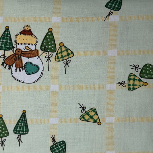 Snowman With Green & Yellow Plaid Lightweight Cotton Blend: 3 yds