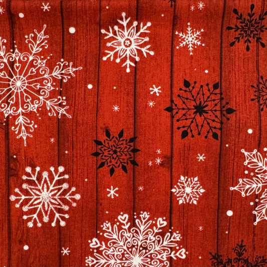 Red With White & Black Snowflakes Cotton Blend: 1 yd