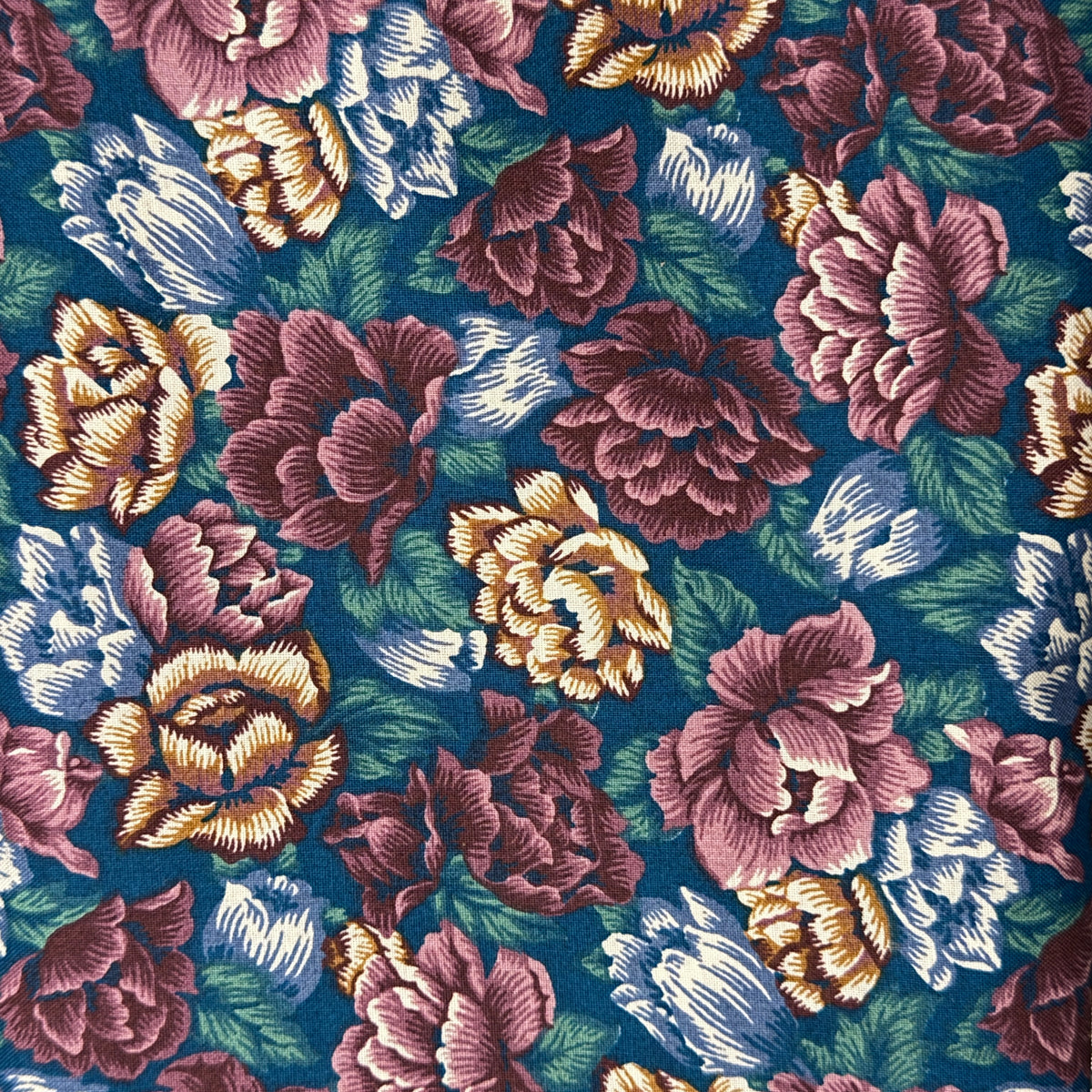 Blue, Tan & Maroon Floral Cotton: 2 yds
