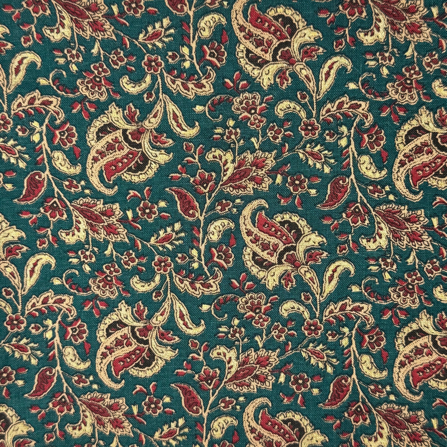 Dark Green With Cream & Maroon Floral Paisley Cotton Blend: 1.5 yds