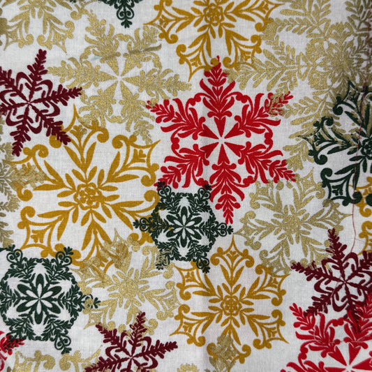 Red, Green & Gold Snowflakes Cotton: 4 yds