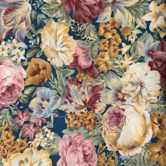 Blue, Pink & Yellow Floral Cotton Blend: 2 yds