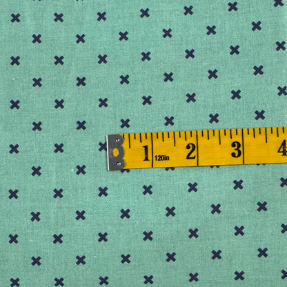 Light Green With Blue X Marks Cotton: 1.5 yds