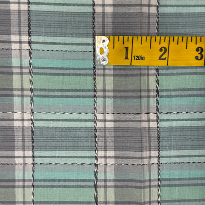 Green Gray Plaid With Embroidered Black & White Embellishment Cotton Blend Shirting: 4.5 yds