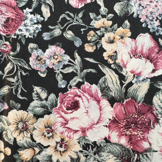 Black With Pink Roses Cotton Blend: 2 yds