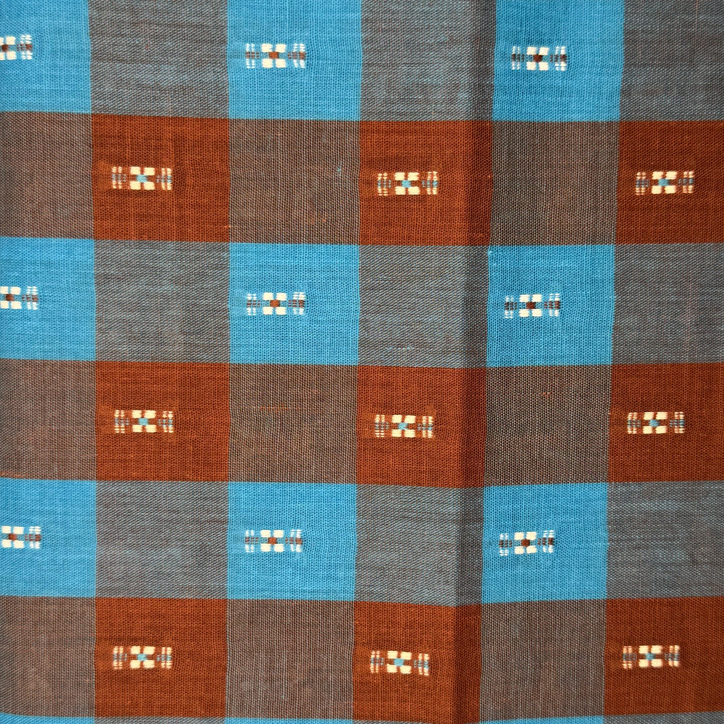 Brown & Blue Checkered Cotton Canvas Blend With Embroidered Embellishment: 2 yds