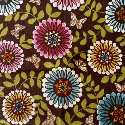 Brown with Pink, Blue & Yellow Floral Cotton: 1 yd