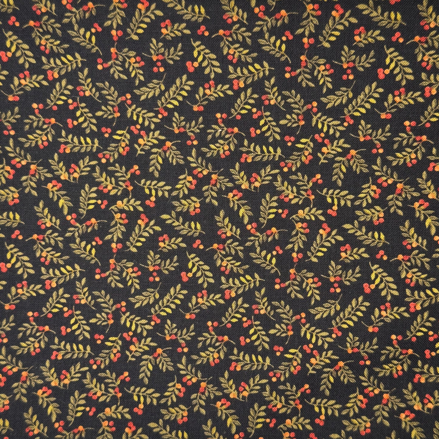 Black With Green Leaves & Red Berries Cotton: 2 yds
