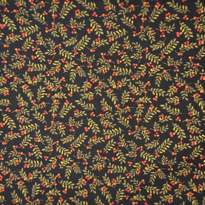 Black With Green Leaves & Red Berries Cotton: 2 yds