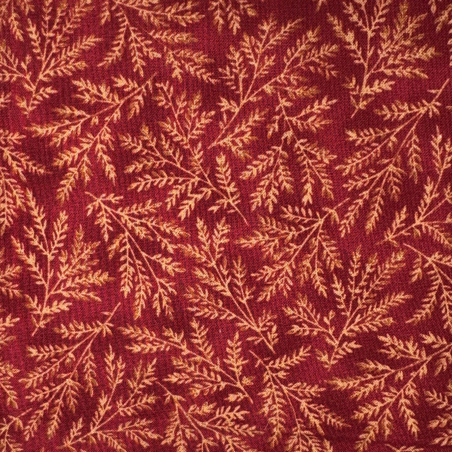 Red With Light Brown Leaves Cotton Blend: 3 yds