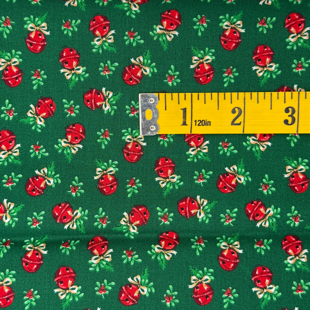 Green With Red Jingle Bells Cotton Blend: 2 yds