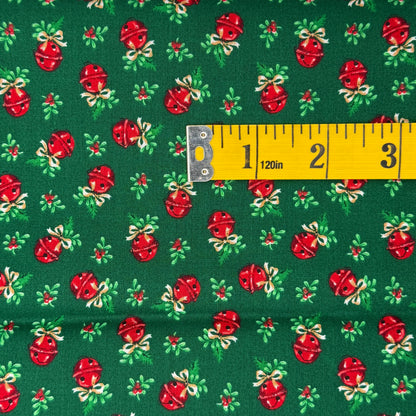 Green With Red Jingle Bells Cotton Blend: 2 yds