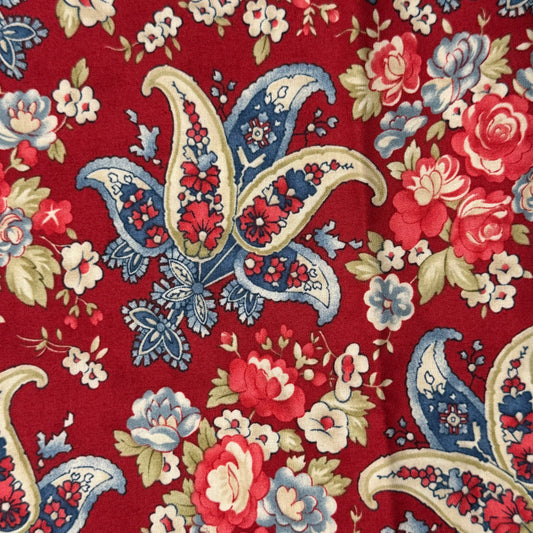 Red & Blue Paisley Floral Cotton: 1 yd