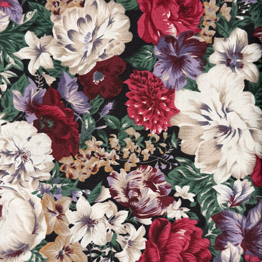 White, Maroon & Light Purple Floral Cotton Blend: 2 yds